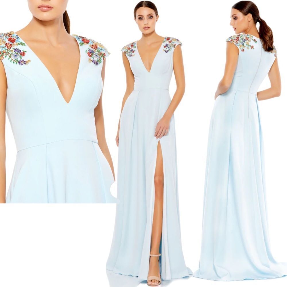 MAC Duggal Prom pageant Gown Crystals Floral Accented Baby Blue Aline Size 2 NEW - Picture 3 of 14